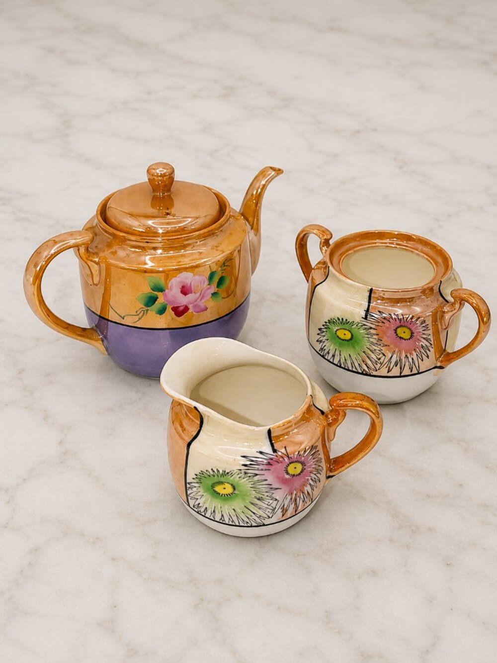 Vintage Japanese Lusterware Tea Set – Teapot, Sugar Bowl & Creamer Takito Era